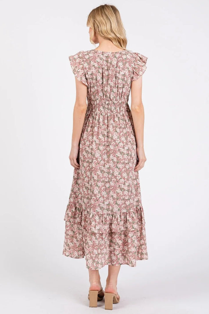 Mittoshop Flower Print Ruffle Cap Sleeve V - neck Midi Dress - VeauBeauty