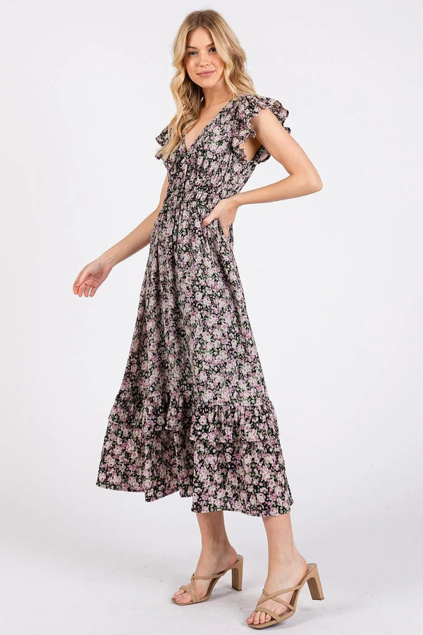 Mittoshop Flower Print Ruffle Cap Sleeve V - neck Midi Dress - VeauBeauty