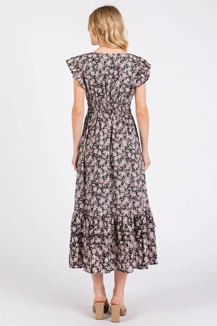 Mittoshop Flower Print Ruffle Cap Sleeve V - neck Midi Dress - VeauBeauty