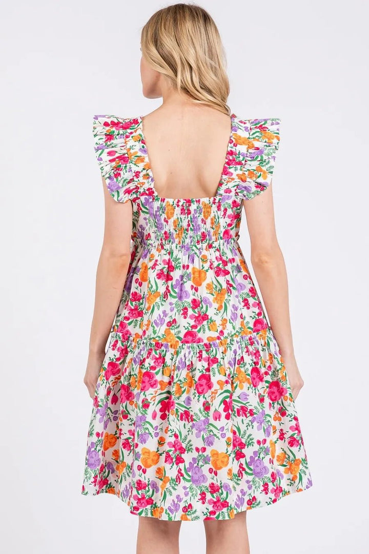 Mittoshop Flower Print Ruffle Shoulder A - line Mini Dress - VeauBeauty
