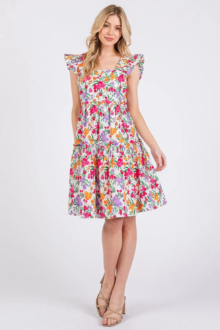 Mittoshop Flower Print Ruffle Shoulder A - line Mini Dress - VeauBeauty