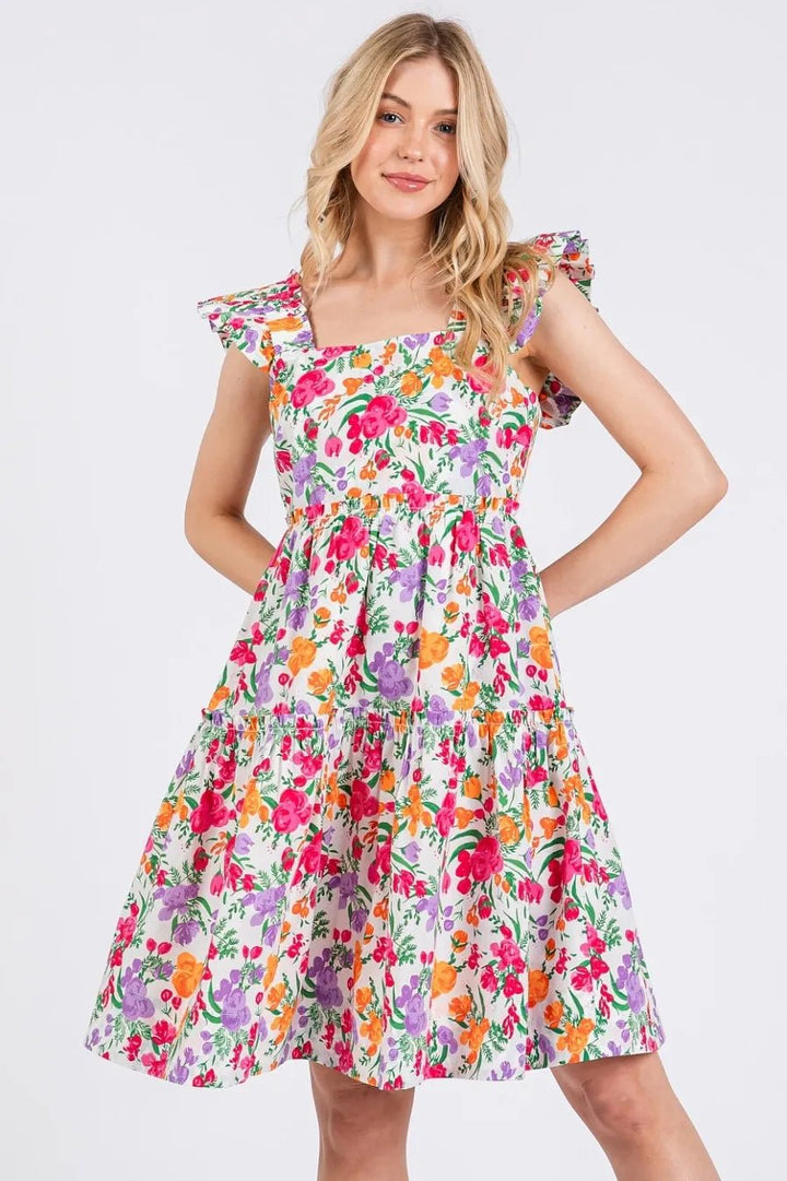 Mittoshop Flower Print Ruffle Shoulder A - line Mini Dress - VeauBeauty
