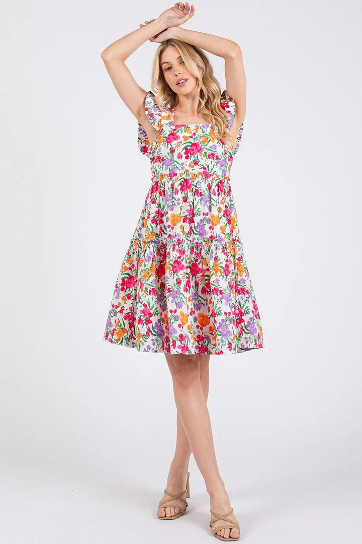 Mittoshop Flower Print Ruffle Shoulder A - line Mini Dress - VeauBeauty