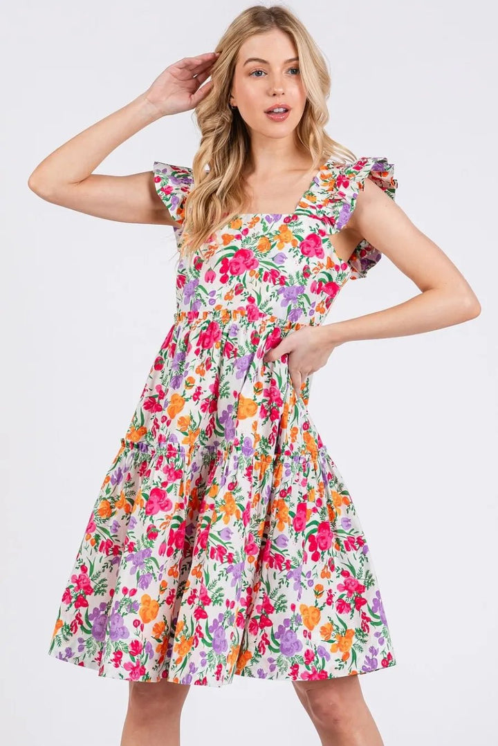 Mittoshop Flower Print Ruffle Shoulder A - line Mini Dress - VeauBeauty