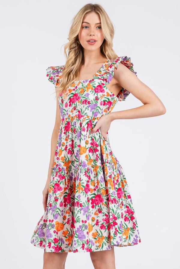 Mittoshop Flower Print Ruffle Shoulder A - line Mini Dress - VeauBeauty