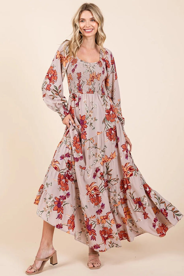 Mittoshop Flower Print Smocked Diagonal Tiered Maxi Dress - VeauBeauty