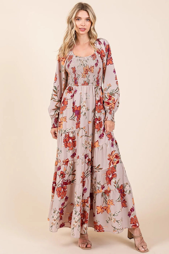 Mittoshop Flower Print Smocked Diagonal Tiered Maxi Dress - VeauBeauty