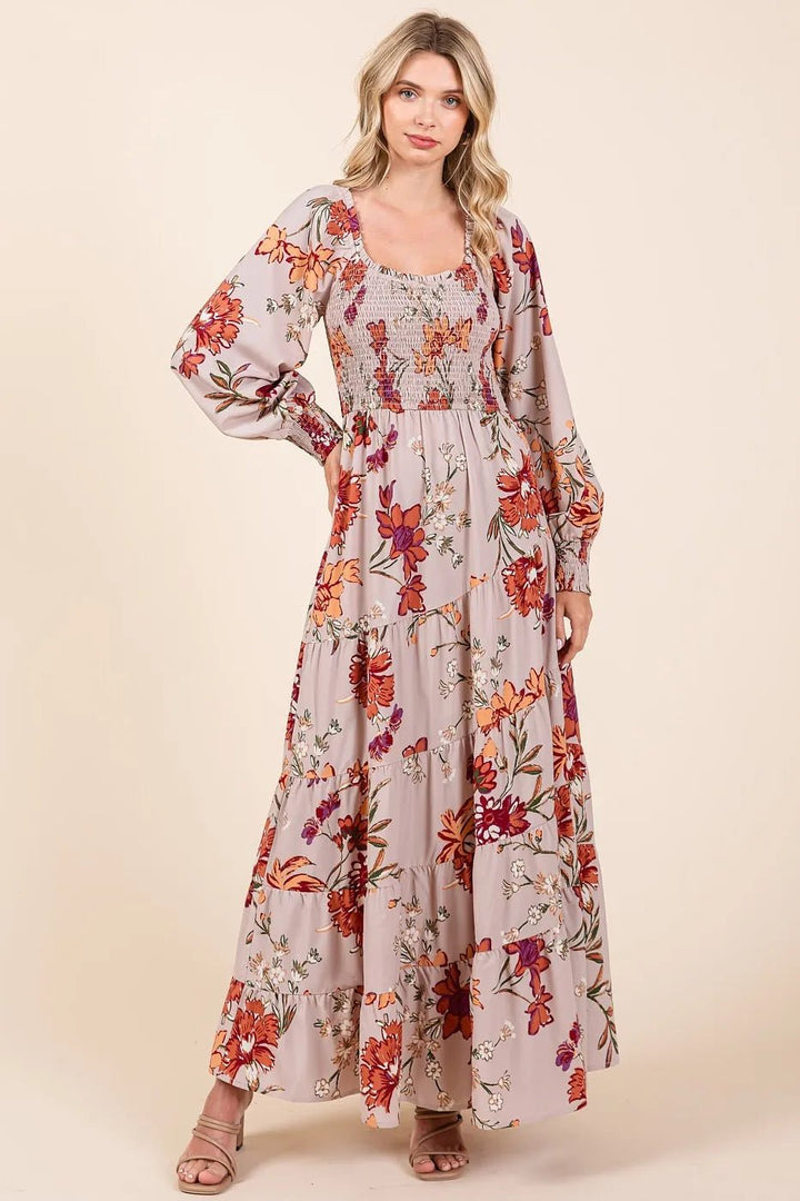 Mittoshop Flower Print Smocked Diagonal Tiered Maxi Dress - VeauBeauty