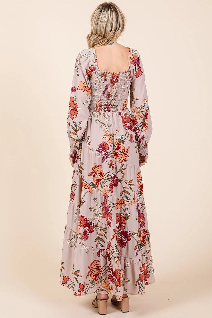 Mittoshop Flower Print Smocked Diagonal Tiered Maxi Dress - VeauBeauty
