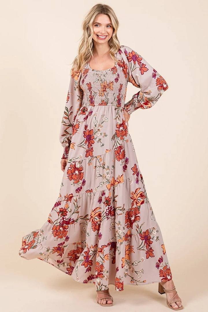 Mittoshop Flower Print Smocked Diagonal Tiered Maxi Dress - VeauBeauty
