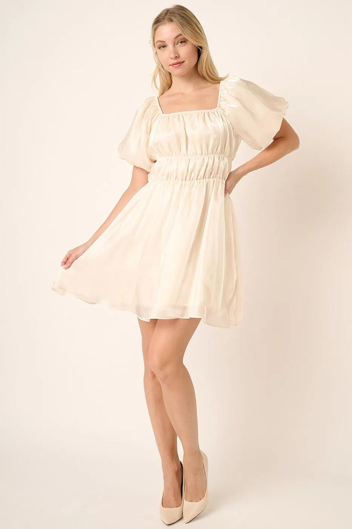 Mittoshop Metallic Organza Fabric Balloon Sleeve Mini Dress - VeauBeauty