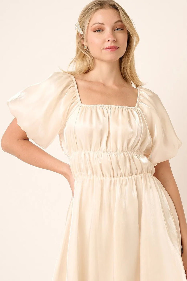 Mittoshop Metallic Organza Fabric Balloon Sleeve Mini Dress - VeauBeauty