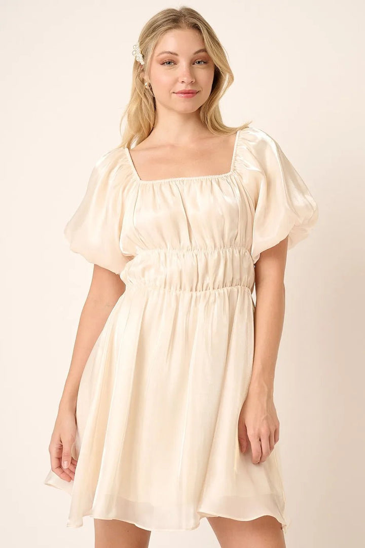 Mittoshop Metallic Organza Fabric Balloon Sleeve Mini Dress - VeauBeauty
