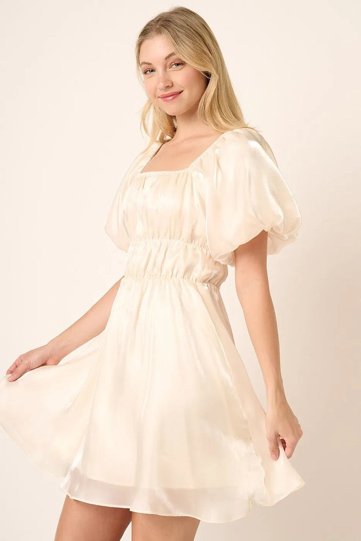Mittoshop Metallic Organza Fabric Balloon Sleeve Mini Dress - VeauBeauty