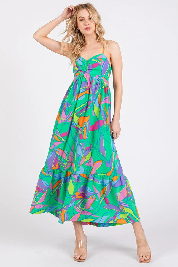 Mittoshop Multicolor Leaf Print Tie Back Maxi Dress - VeauBeauty