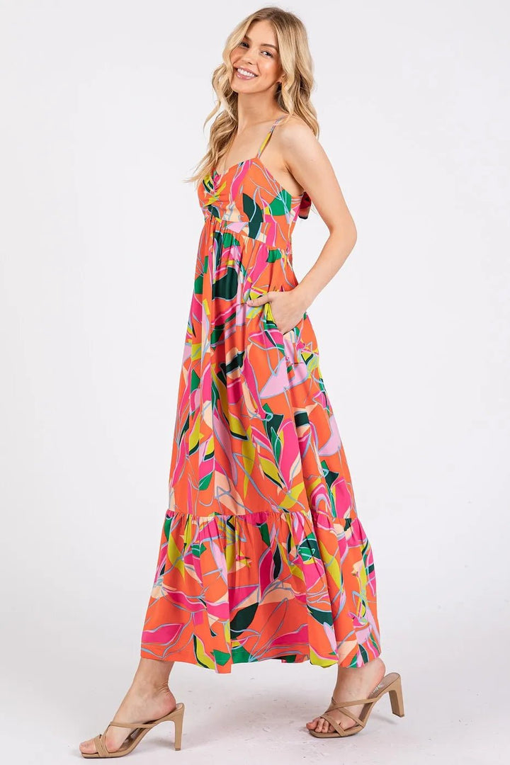 Mittoshop Multicolor Leaf Print Tie Back Maxi Dress - VeauBeauty