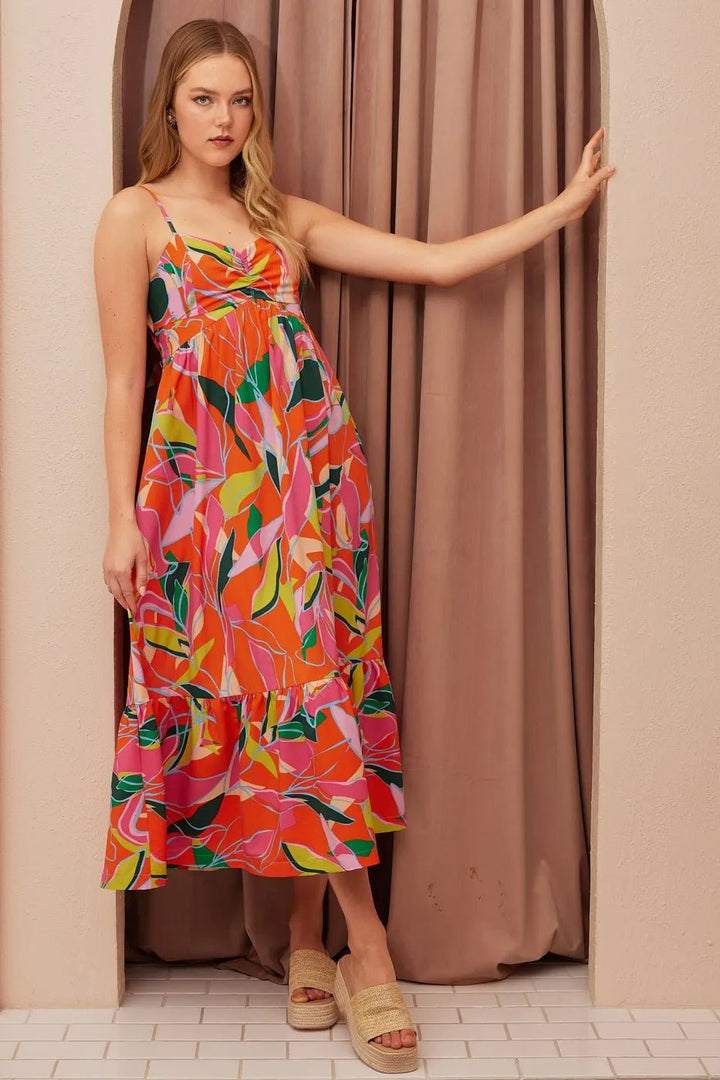 Mittoshop Multicolor Leaf Print Tie Back Maxi Dress - VeauBeauty