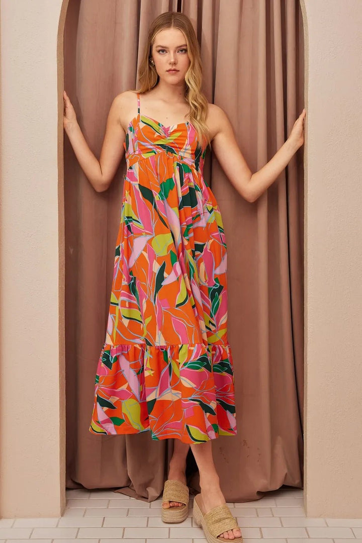 Mittoshop Multicolor Leaf Print Tie Back Maxi Dress - VeauBeauty