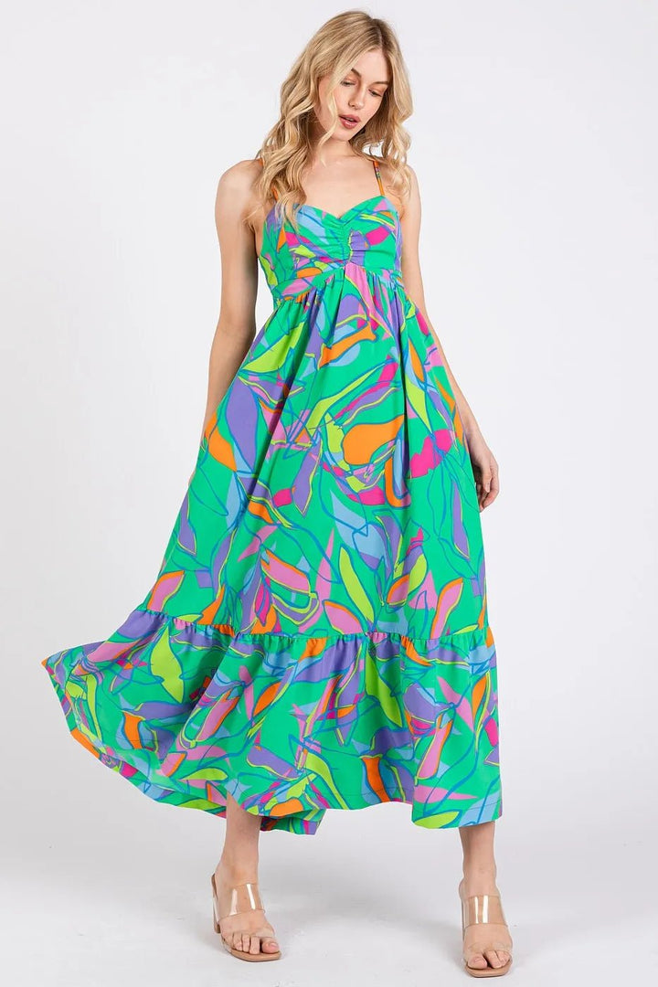 Mittoshop Multicolor Leaf Print Tie Back Maxi Dress - VeauBeauty