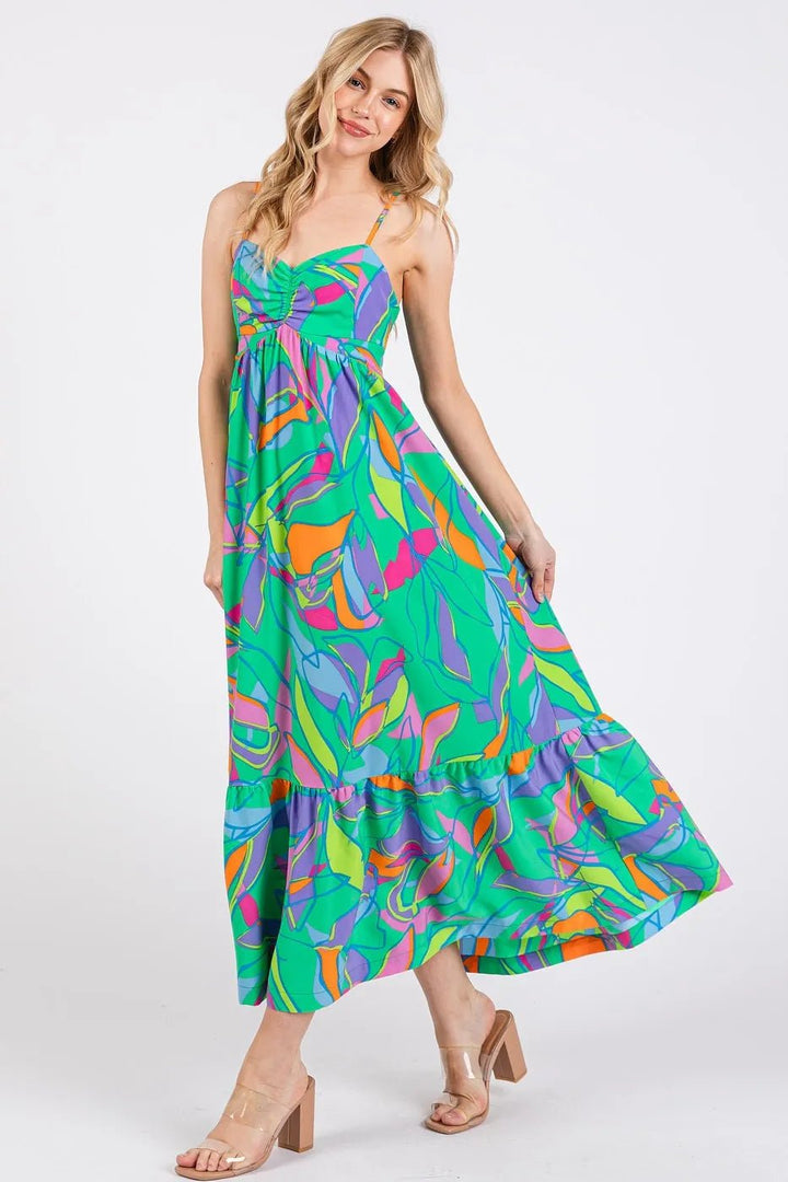 Mittoshop Multicolor Leaf Print Tie Back Maxi Dress - VeauBeauty