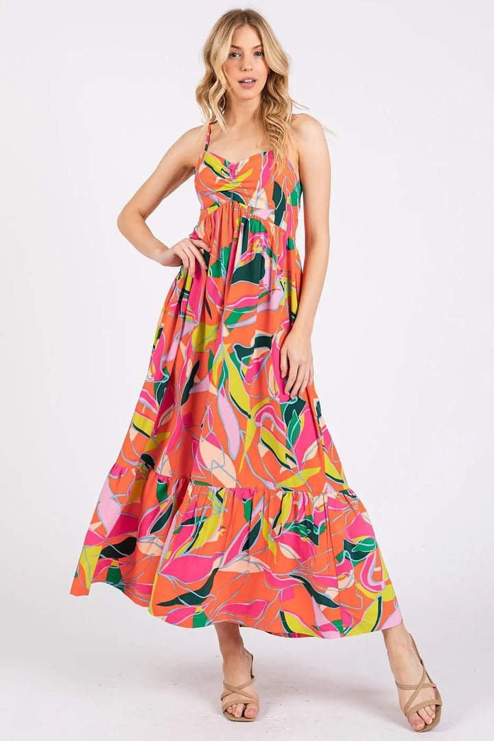 Mittoshop Multicolor Leaf Print Tie Back Maxi Dress - VeauBeauty