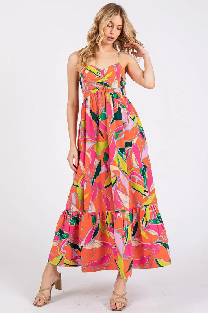Mittoshop Multicolor Leaf Print Tie Back Maxi Dress - VeauBeauty