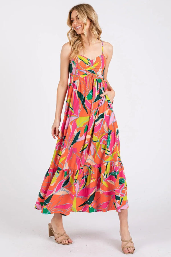 Mittoshop Multicolor Leaf Print Tie Back Maxi Dress - VeauBeauty