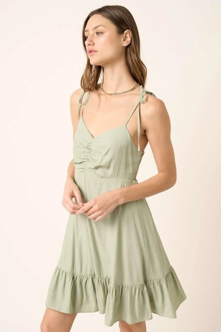 Mittoshop Ruched Detail Spaghetti Tie Mini Dress - VeauBeauty