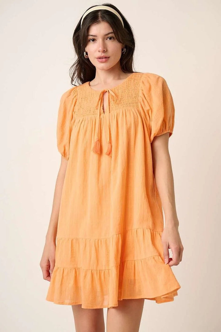 Mittoshop Tassel Tie Plaid Gauze Short Sleeve Mini Dress - VeauBeauty