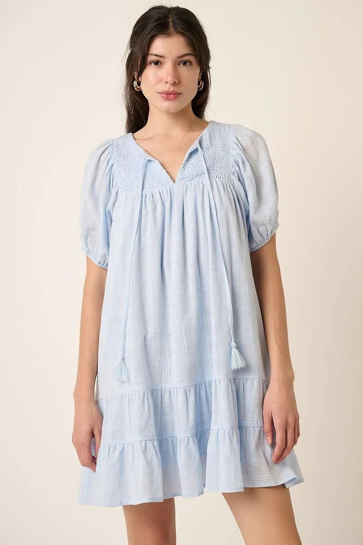 Mittoshop Tassel Tie Plaid Gauze Short Sleeve Mini Dress - VeauBeauty