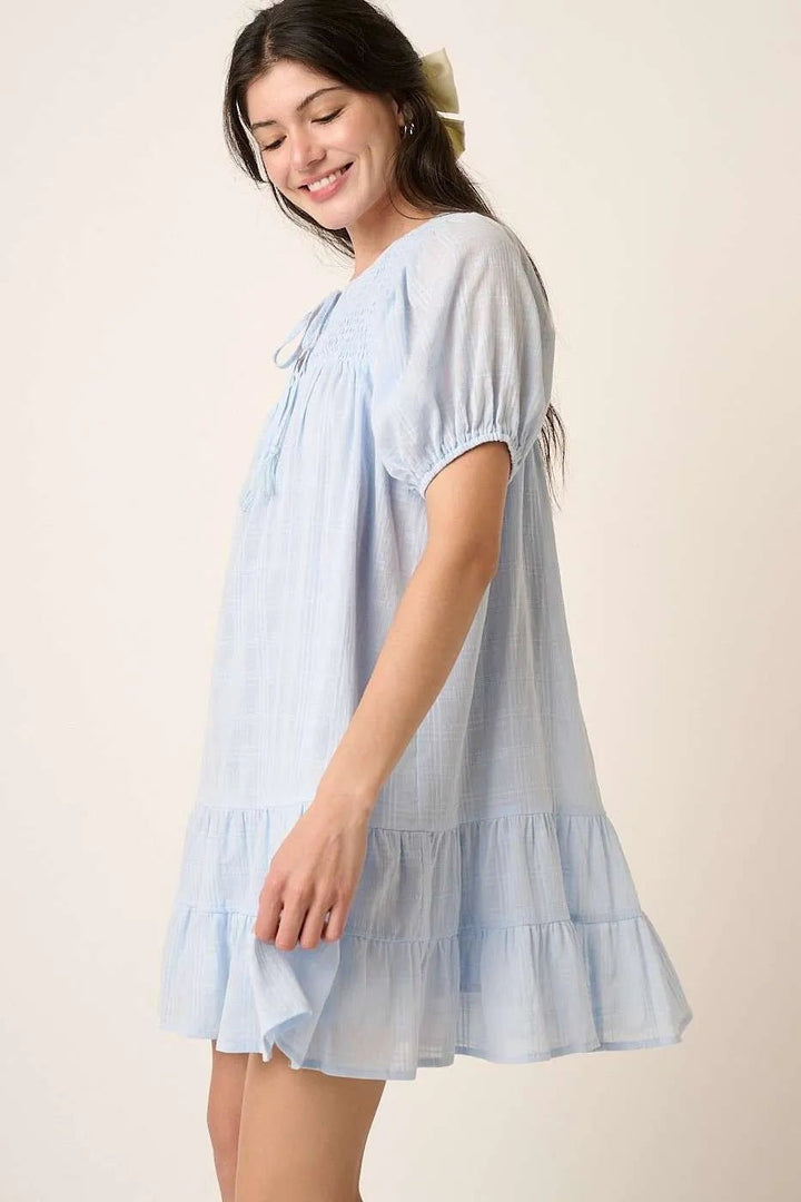 Mittoshop Tassel Tie Plaid Gauze Short Sleeve Mini Dress - VeauBeauty