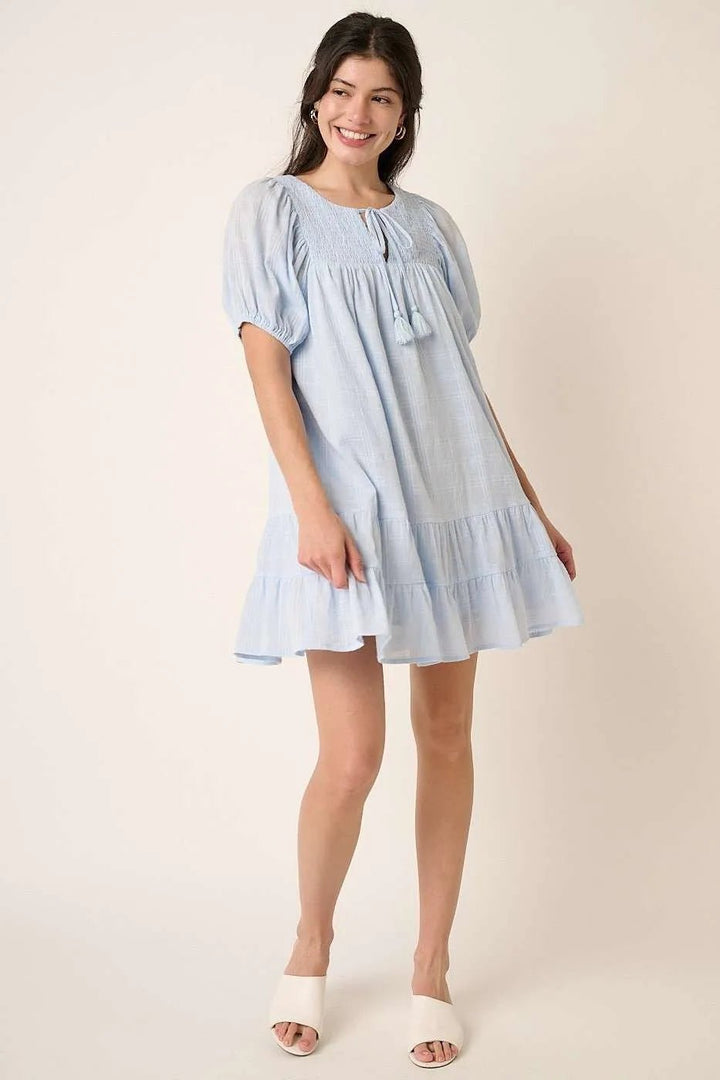 Mittoshop Tassel Tie Plaid Gauze Short Sleeve Mini Dress - VeauBeauty