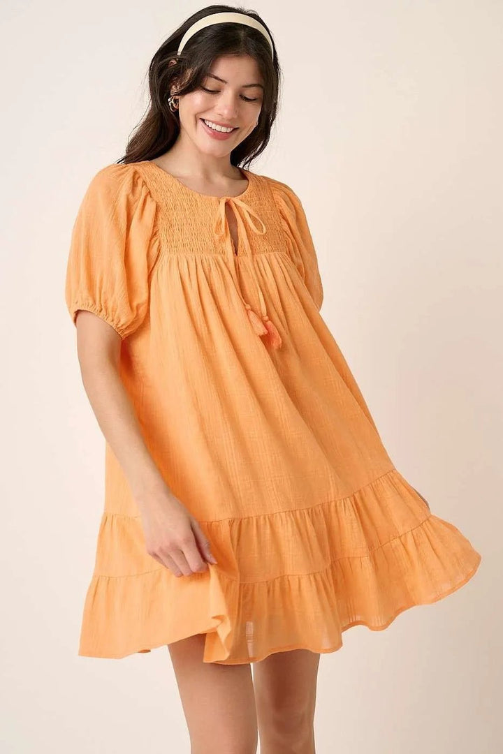 Mittoshop Tassel Tie Plaid Gauze Short Sleeve Mini Dress - VeauBeauty