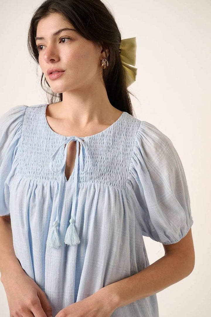 Mittoshop Tassel Tie Plaid Gauze Short Sleeve Mini Dress - VeauBeauty