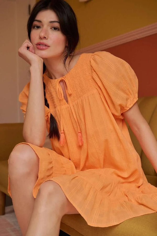 Mittoshop Tassel Tie Plaid Gauze Short Sleeve Mini Dress - VeauBeauty