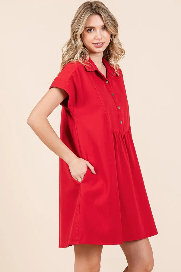 Mittoshop Twill Short Sleeve Collared Mini Dress - VeauBeauty