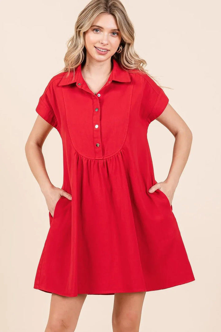 Mittoshop Twill Short Sleeve Collared Mini Dress - VeauBeauty