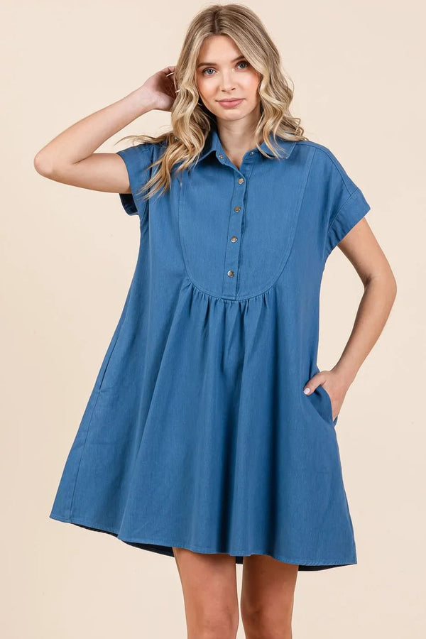 Mittoshop Twill Short Sleeve Collared Mini Dress - VeauBeauty