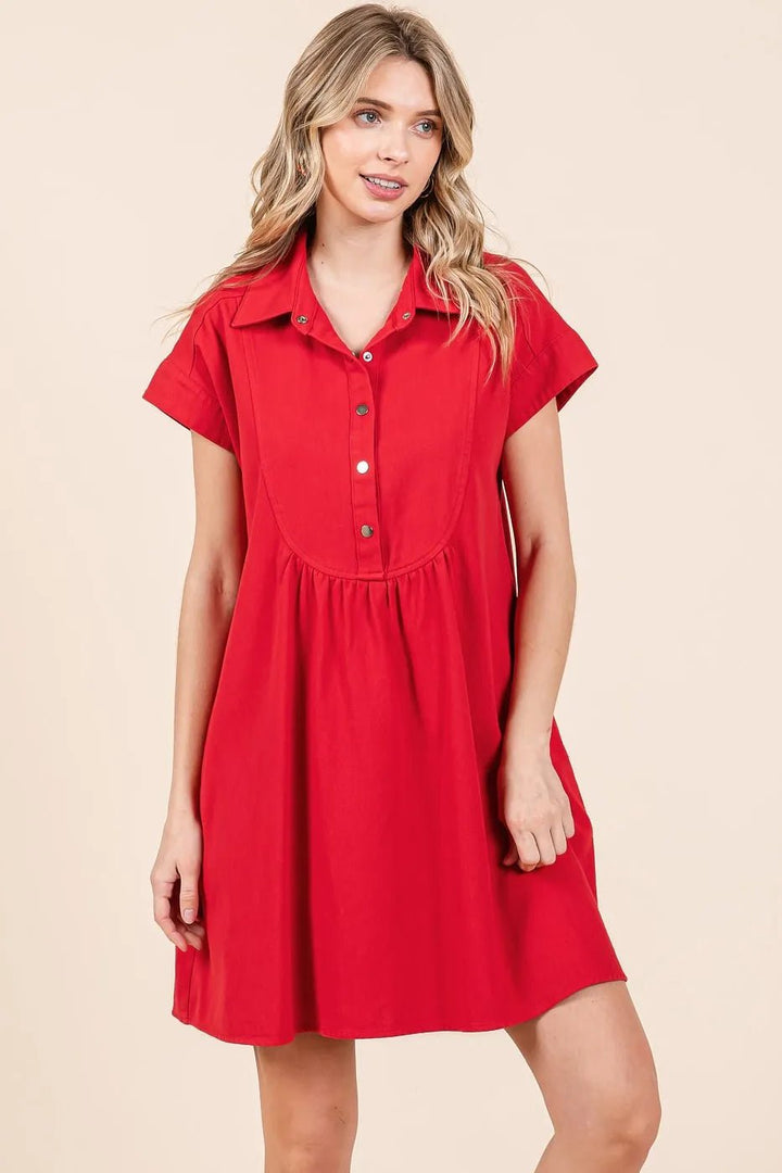 Mittoshop Twill Short Sleeve Collared Mini Dress - VeauBeauty