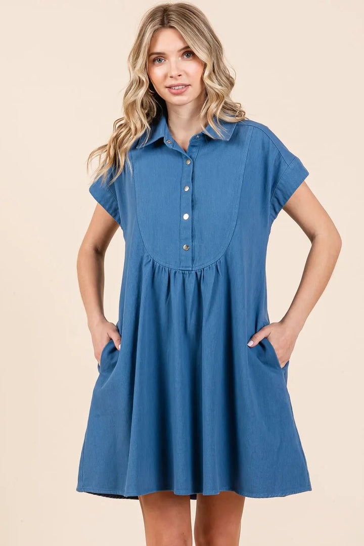 Mittoshop Twill Short Sleeve Collared Mini Dress - VeauBeauty