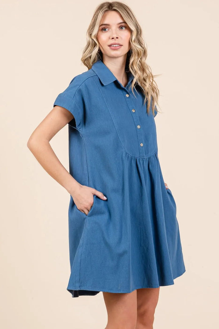 Mittoshop Twill Short Sleeve Collared Mini Dress - VeauBeauty