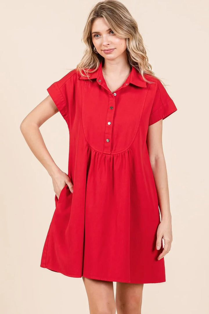 Mittoshop Twill Short Sleeve Collared Mini Dress - VeauBeauty