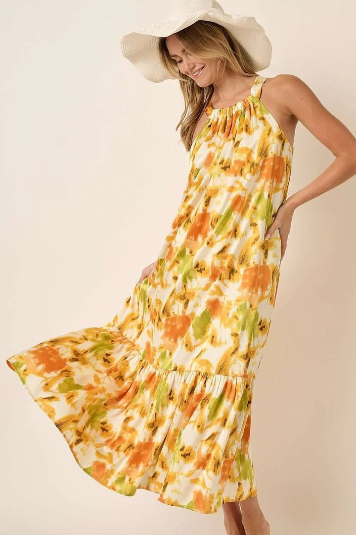 Mittoshop Watercolor Print Halter Neck Satin Maxi Dress - VeauBeauty