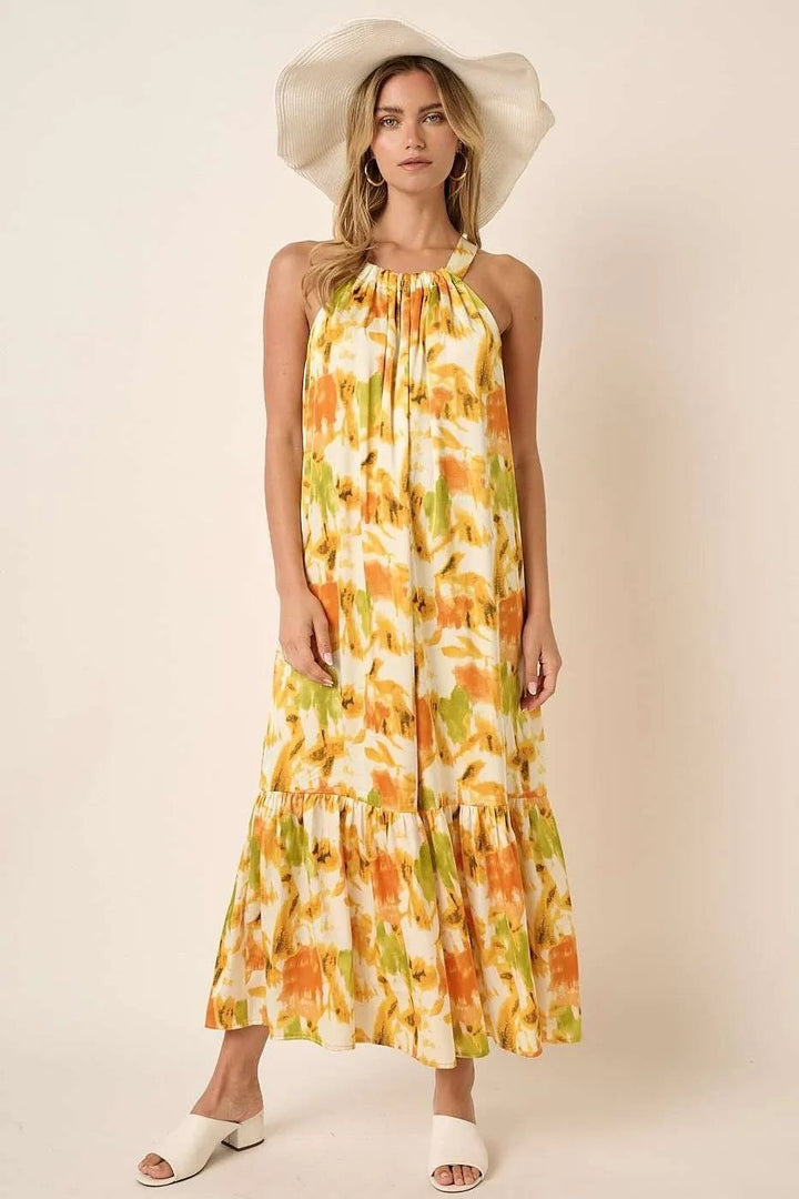Mittoshop Watercolor Print Halter Neck Satin Maxi Dress - VeauBeauty