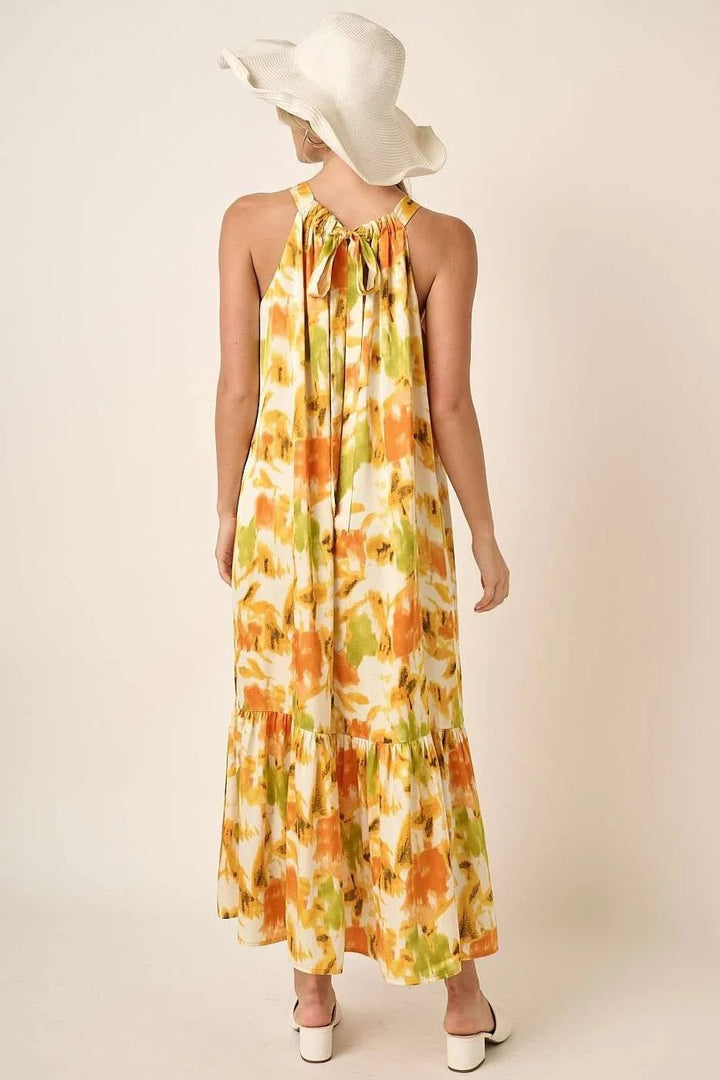 Mittoshop Watercolor Print Halter Neck Satin Maxi Dress - VeauBeauty