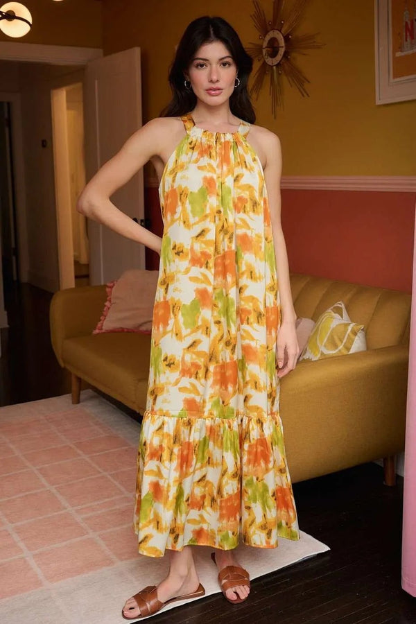Mittoshop Watercolor Print Halter Neck Satin Maxi Dress - VeauBeauty