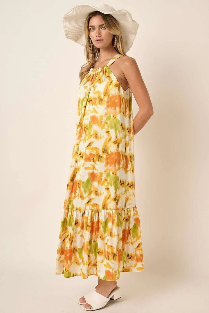 Mittoshop Watercolor Print Halter Neck Satin Maxi Dress - VeauBeauty