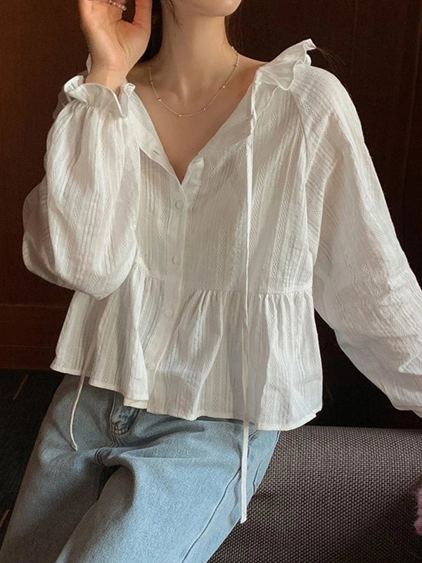 Modern Flounce Hem Crop Shirt – Korean - Inspired Short Button - Up for Women - VeauBeauty