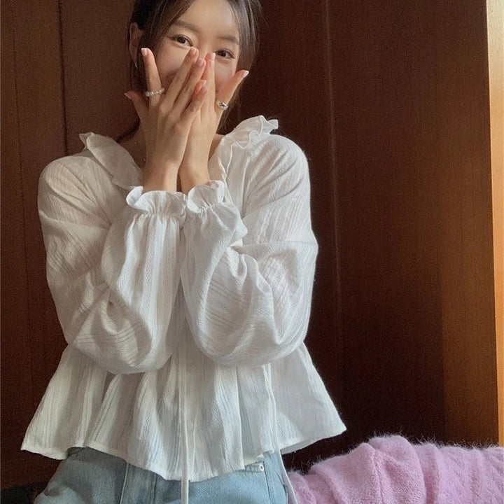 Modern Flounce Hem Crop Shirt – Korean - Inspired Short Button - Up for Women - VeauBeauty