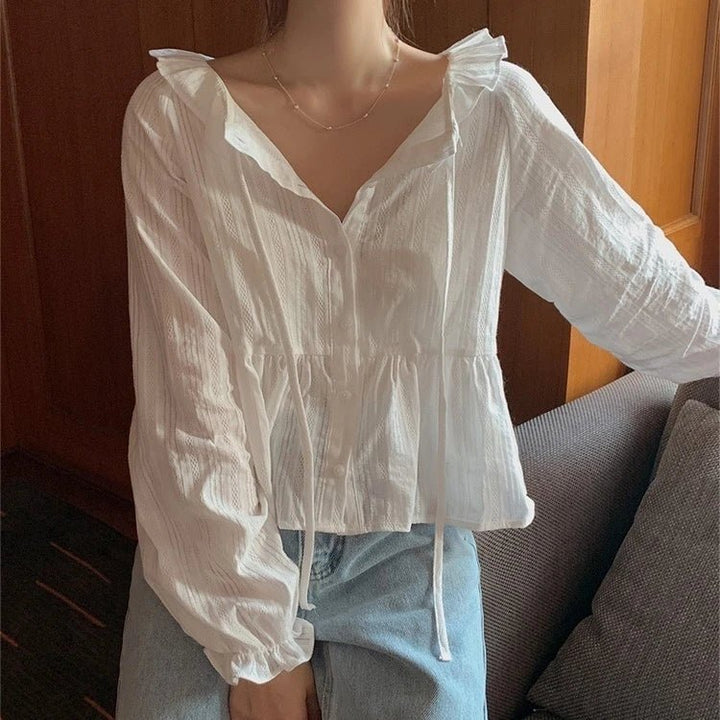 Modern Flounce Hem Crop Shirt – Korean - Inspired Short Button - Up for Women - VeauBeauty